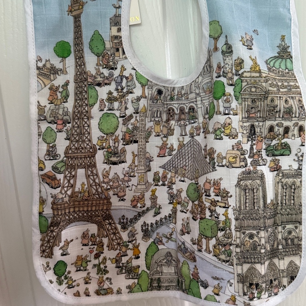 Paris Landmark Cotton Baby Bib in White and Light Blue
